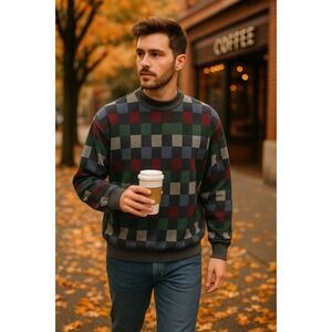 BonWorth Vintage Sweater Men's Large 1990s Checkered Grandpacore Cabin Mock Neck